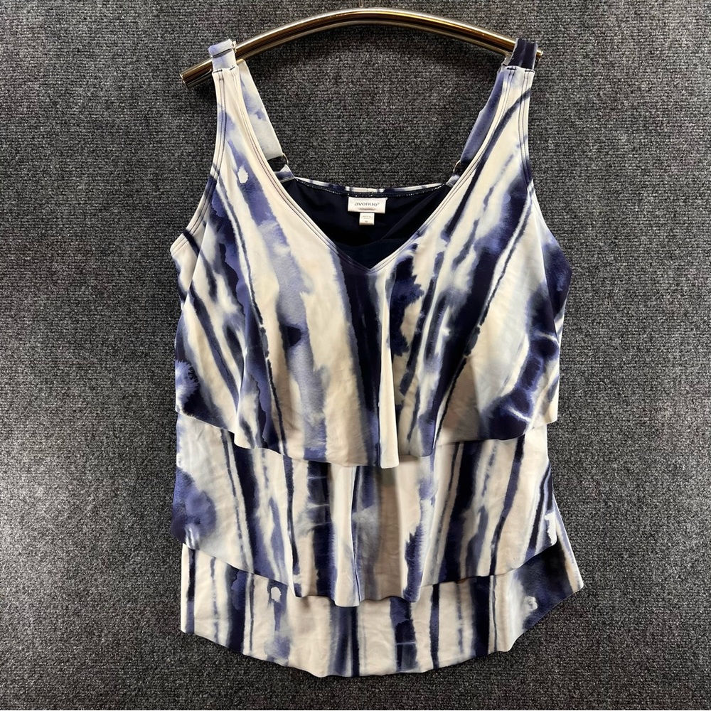 Avenue Tankini Swim Top Sz 18 Tie Dye Blue White V-Neck Adjustable Built In Cups